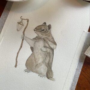 squirrel in a cape holding a lantern watercolour painting